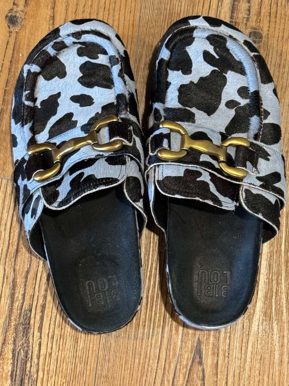 Bibi Lou Cow Print Haircalf Horsebit Mules